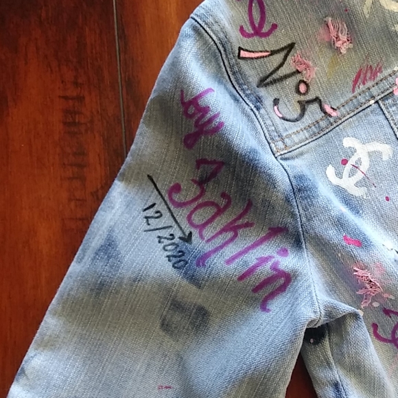 Hand Painted Distressed Crop Denim Jacket - Picture 3 of 3